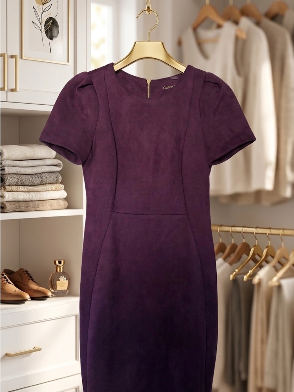 Calvin Klein Plum Sheath Dress with Short Puff Sleeves